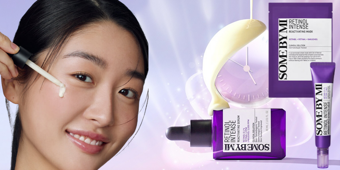 Femme appliquant le sérum du Chobo Kit Retinol Some By Mi sur son visage, illustrant une routine skincare coréenne pour une peau éclatante et rajeunie.