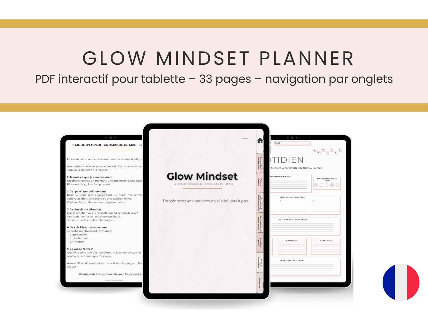 Glow Mindset Planner – Version digitale interactive (33 pages PDF avec hyperliens)